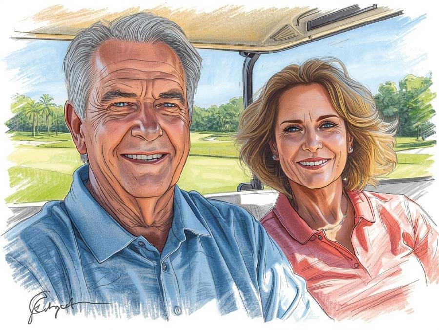 Happy couple sitting in a golf cart