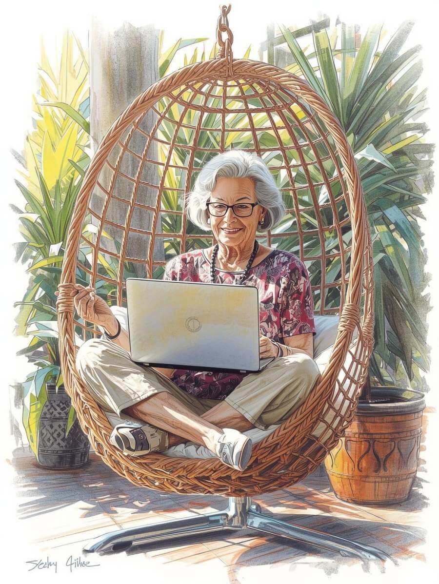 A lady sitting crossed leg on a laptop