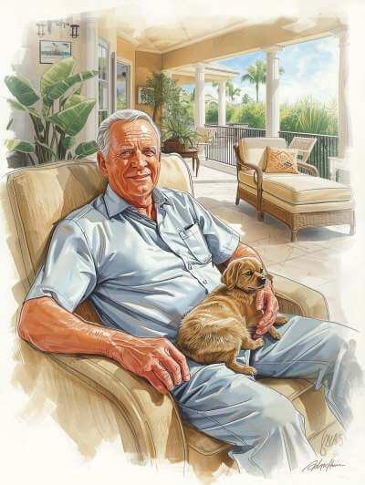 Gentlemen sitting in lanai with a dog on his lap