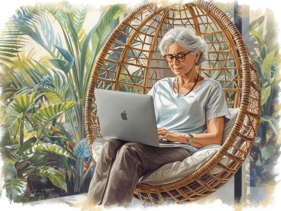 Lady enjoying internets sitting in a egg chair