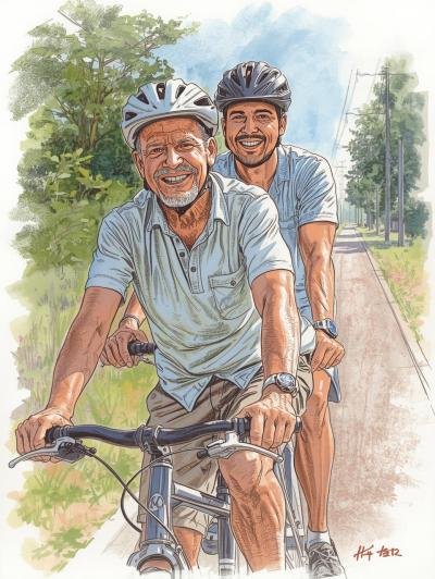 To senior men on a bicycle wearing helmets