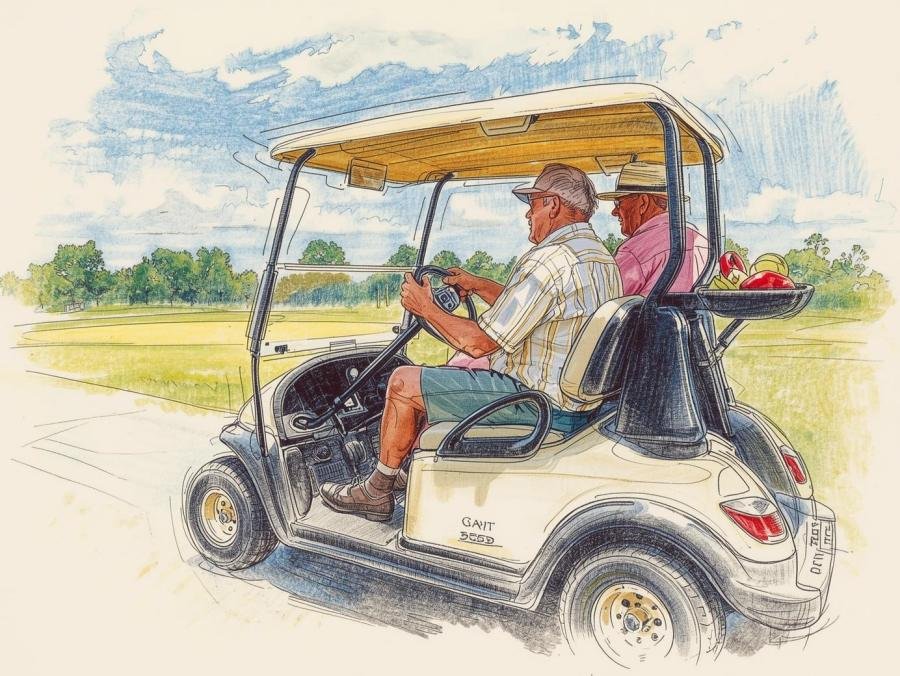 Two senior friends riding a golf cart