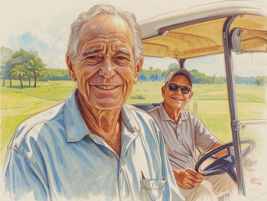 Two gentlemen , enjoying their life and the golf course