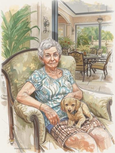 Senior lady sitting on the lanai with a puppy on her lap