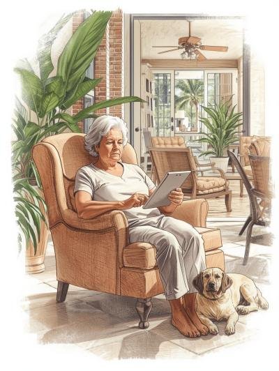 Lady enjoying internet in her home dog , sitting on her feet , quite timid