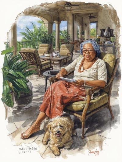 Lady enjoying internet service on her lanai.With the dog sitting on her feet